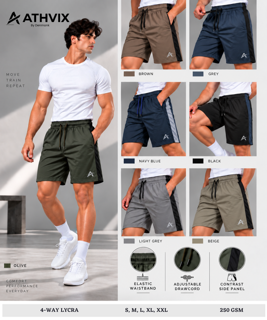Men’s Premium 4-Way Lycra Shorts (250 GSM) with Side Contrast | Athvix Active Wear By Denmonk|DOD