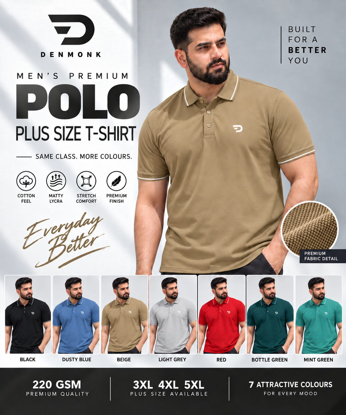 Denmonk Men's Imported Cotton Feel Matty Lycra Plus Size Polo T-Shirt | 220 GSM | Half Sleeve | Regular Fit