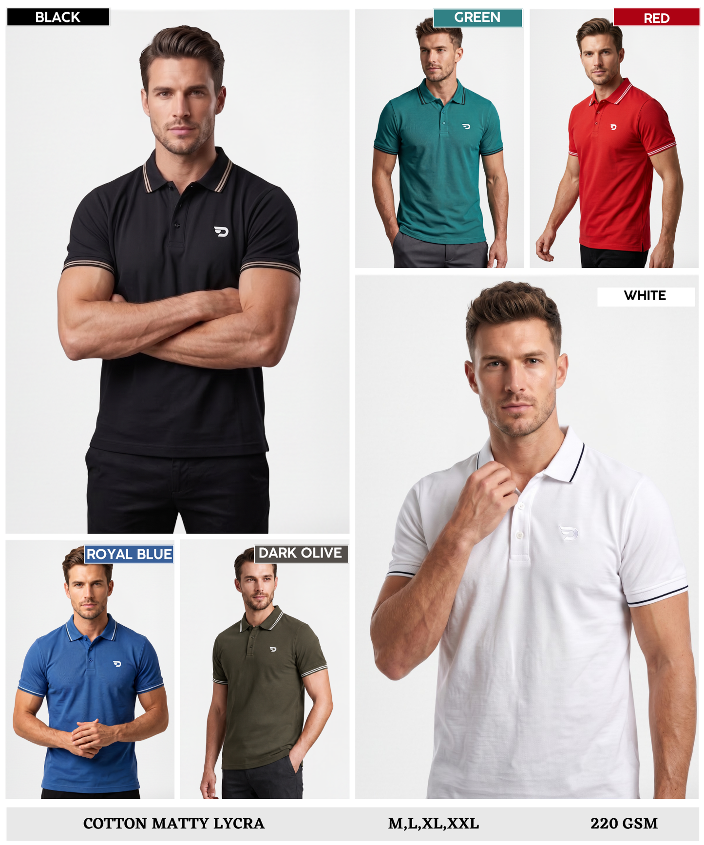 Imported Cotton Feel Matty Lycra Polo T-Shirt for Men | 220 GSM | Regular Fit | Contrast Tipping Collar & Sleeves
