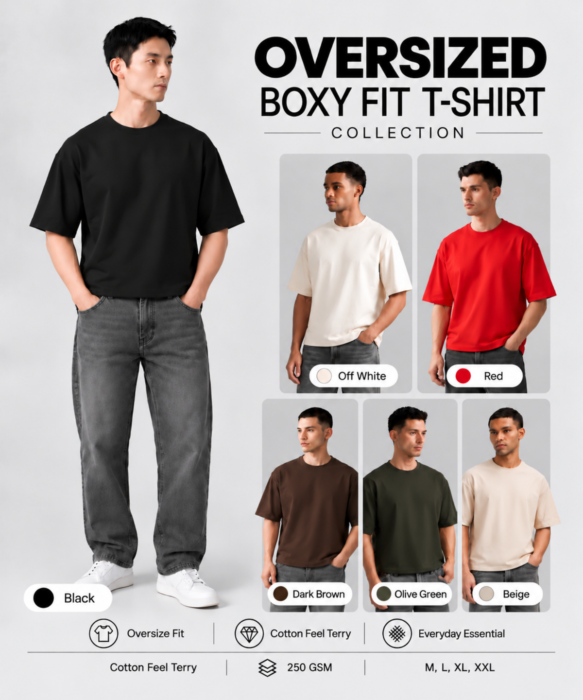 Denmonk Men’s Imported Cotton Feel Terry T-Shirt | 250 GSM | Oversized Boxy Fit