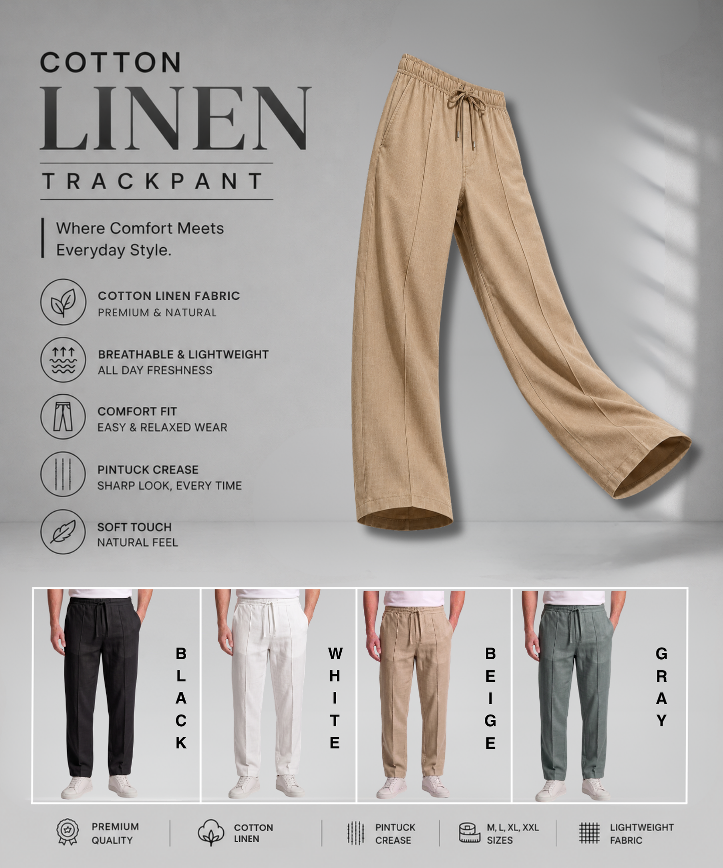 Men's Premium Cotton Linen Self Drawstring Casual Trackpants – Comfort Fit with Tailored Crease