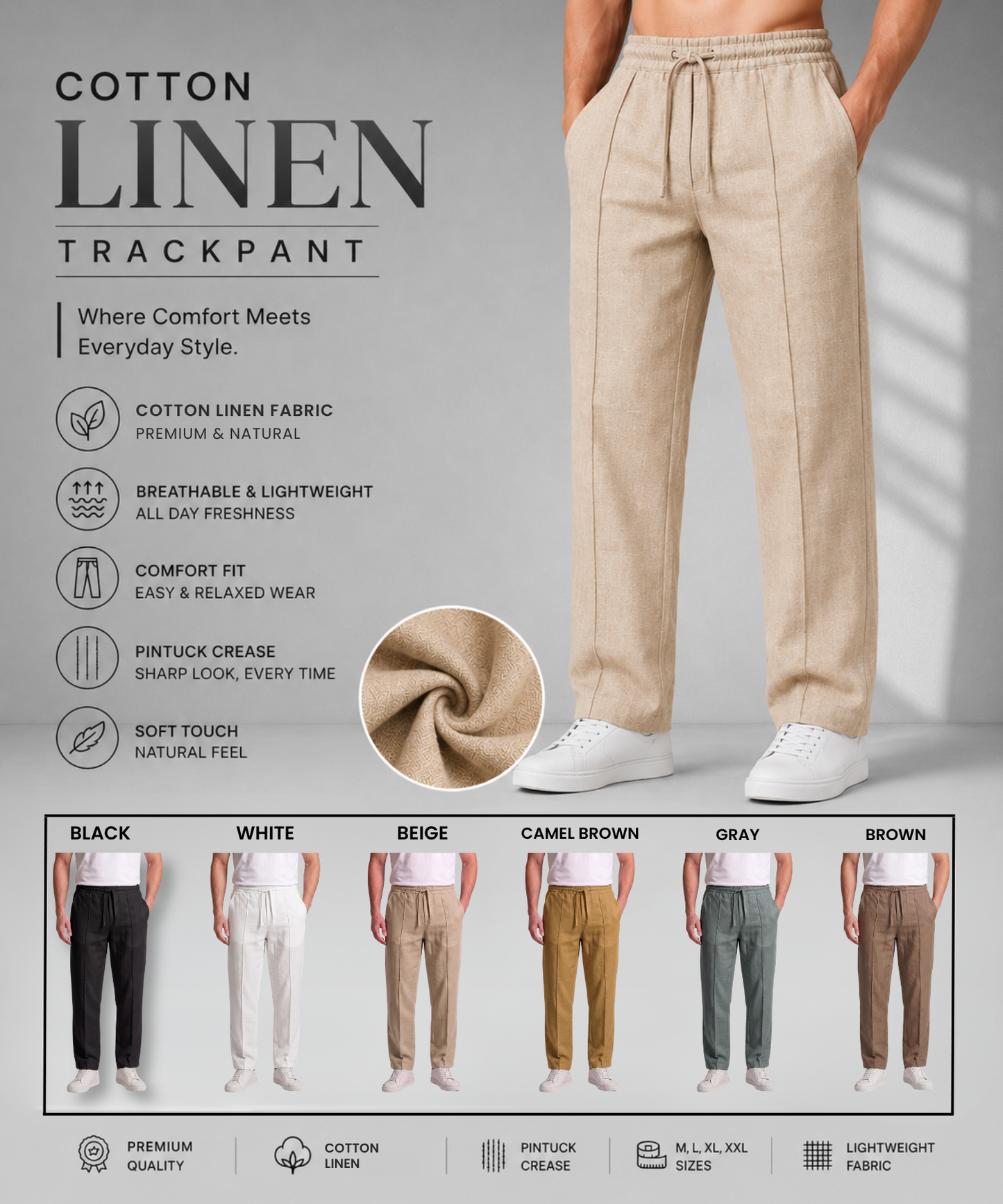 Men's Premium Cotton Linen Self Drawstring Casual Trackpants – Comfort Fit with Tailored Pin tuckCrease