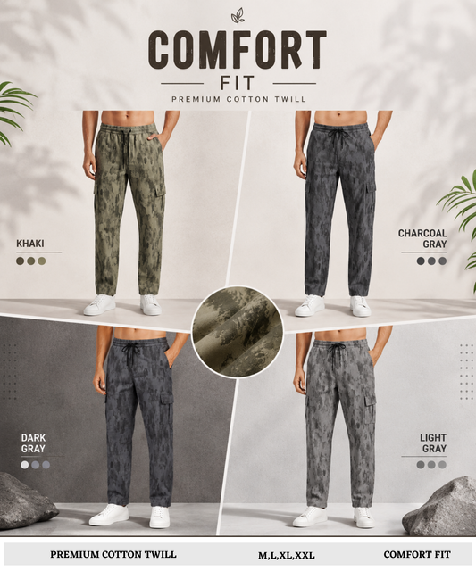 Men's Premium Cotton Twill Utility Cargo Pocket Design | Cloud Wash Texture | Comfort Fit | 180 GSM