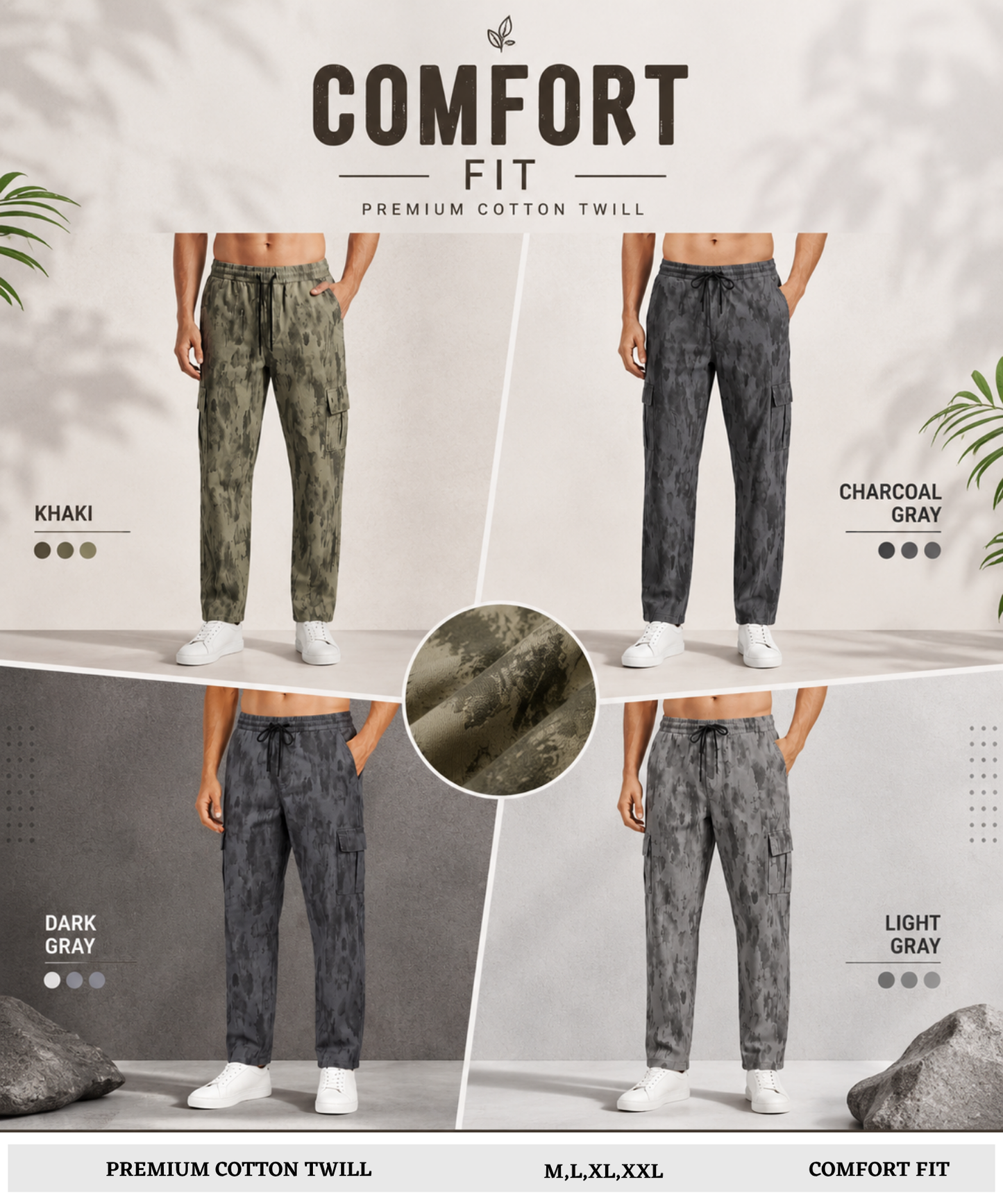 Men's Premium Cotton Twill Utility Cargo Pocket Design | Cloud Wash Texture | Comfort Fit | 180 GSM