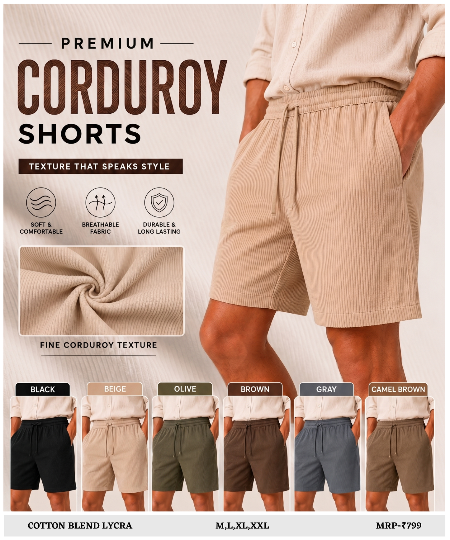 Men’s Premium Cotton Blend Lycra Casual Shorts | Soft Stretch Comfortable Fit