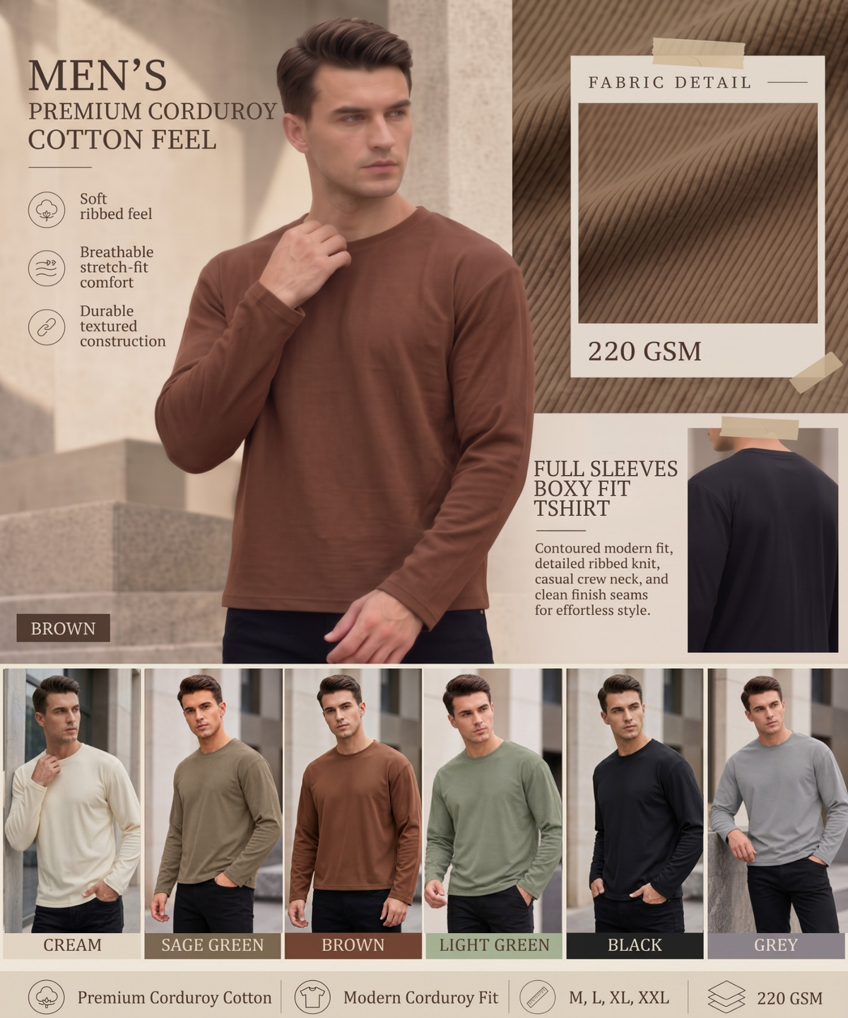 Men’s Premium  Corduroy Cotton Feel Full Sleeve T-Shirt | 220 GSM | Oversized Boxy Fit