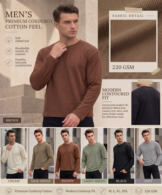 Men’s Premium  Corduroy Cotton Feel Full Sleeve T-Shirt | 220 GSM | Oversized Boxy Fit