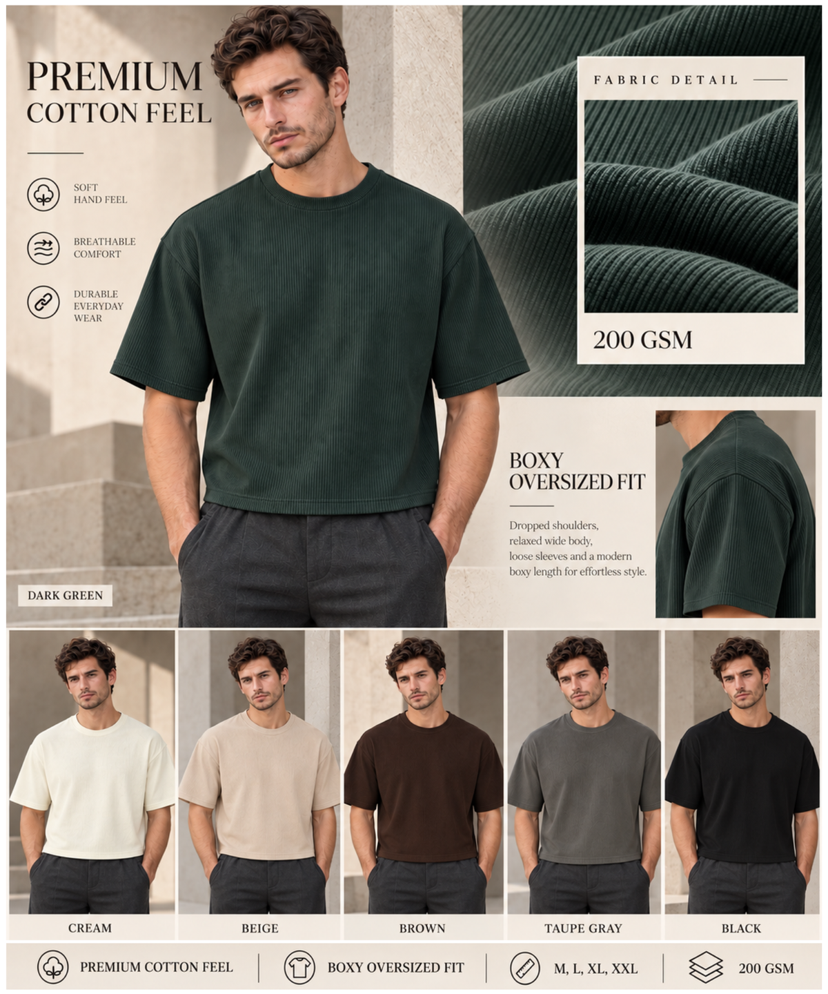 Premium Cotton Feel Plain Polo With Corduroy Texture Oversize T-Shirt for Men | 200 GSM | Boxy Fit