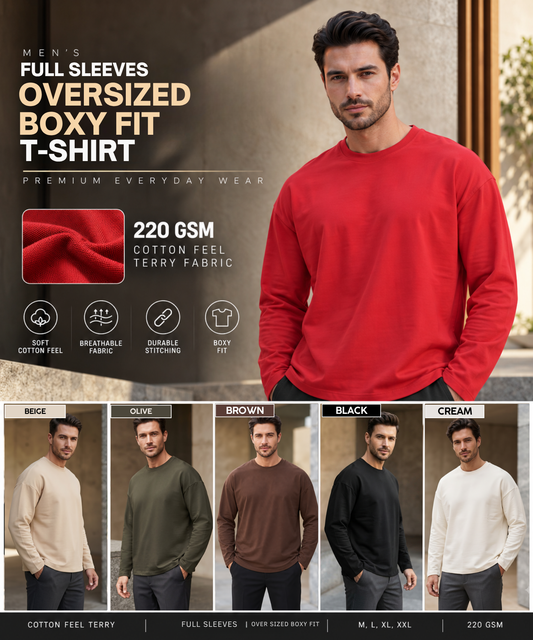 Denmonk Men’s Imported Cotton Feel Terry Full Sleeve T-Shirt | 250 GSM | Oversized Boxy Fit
