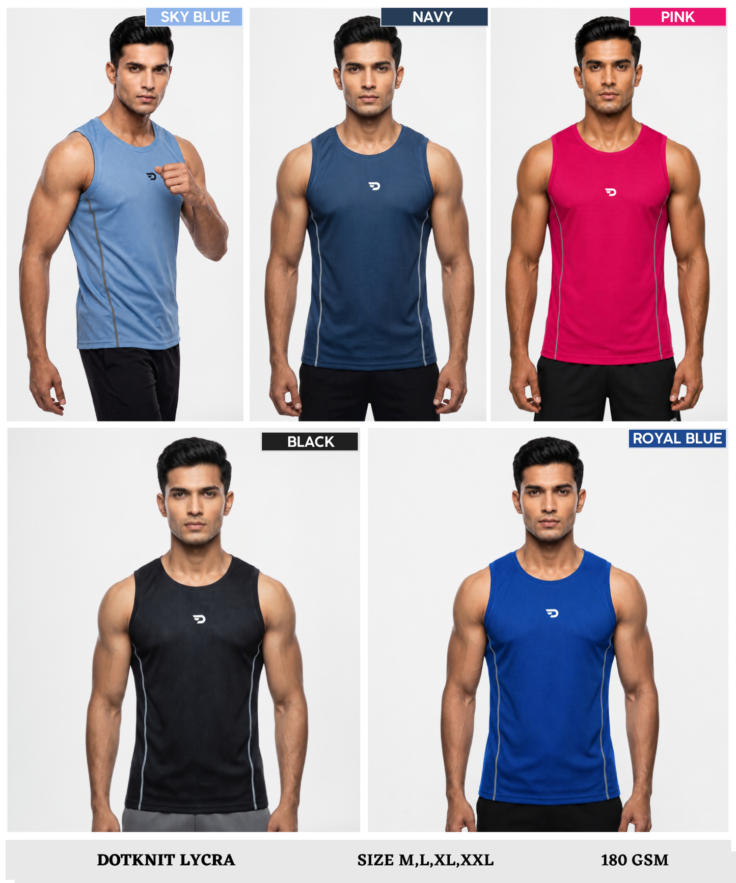 Imported Dotknit Lycra Reebok Knit  Sando for Men | 180 GSM Breathable Stretch Fabric | Contrast Piping Running & Gym Vest