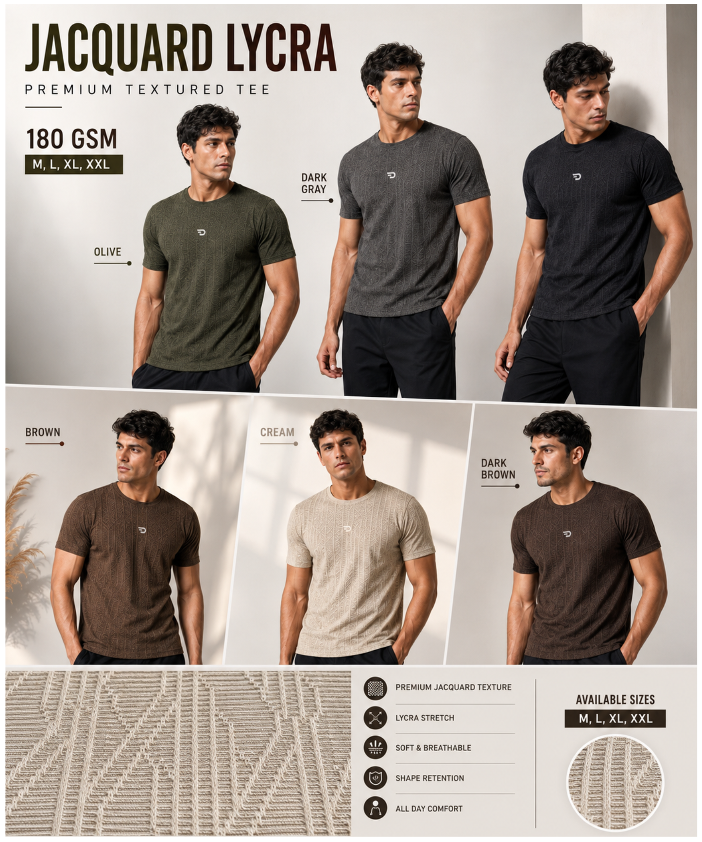 Men’s Jacquard Lycra Regular Fit T-Shirt – Premium 180 GSM