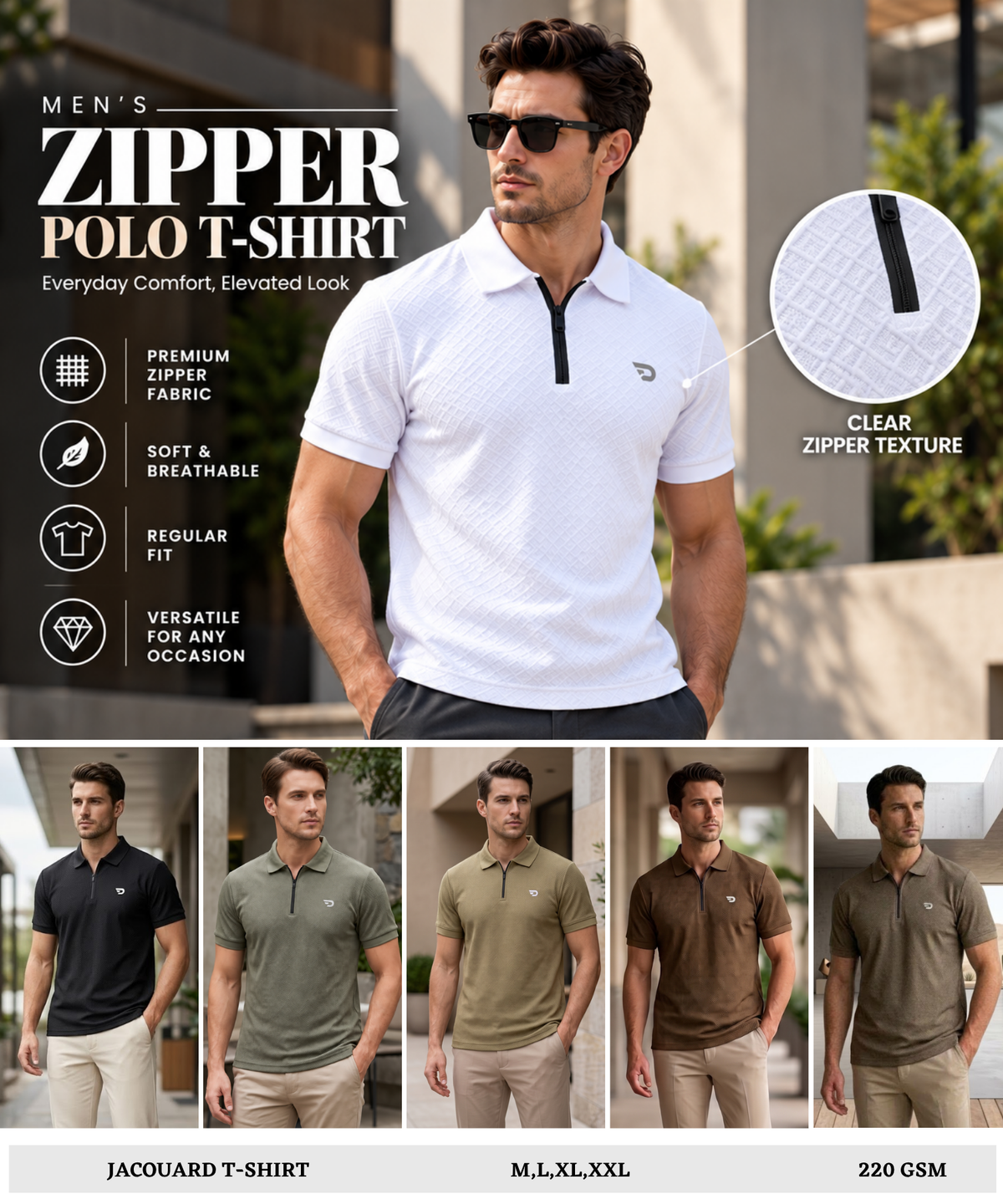 Denmonk Men's  Imported Jacquard Polo T-Shirt with Quater Zipper | 220 GSM | Regular Fit