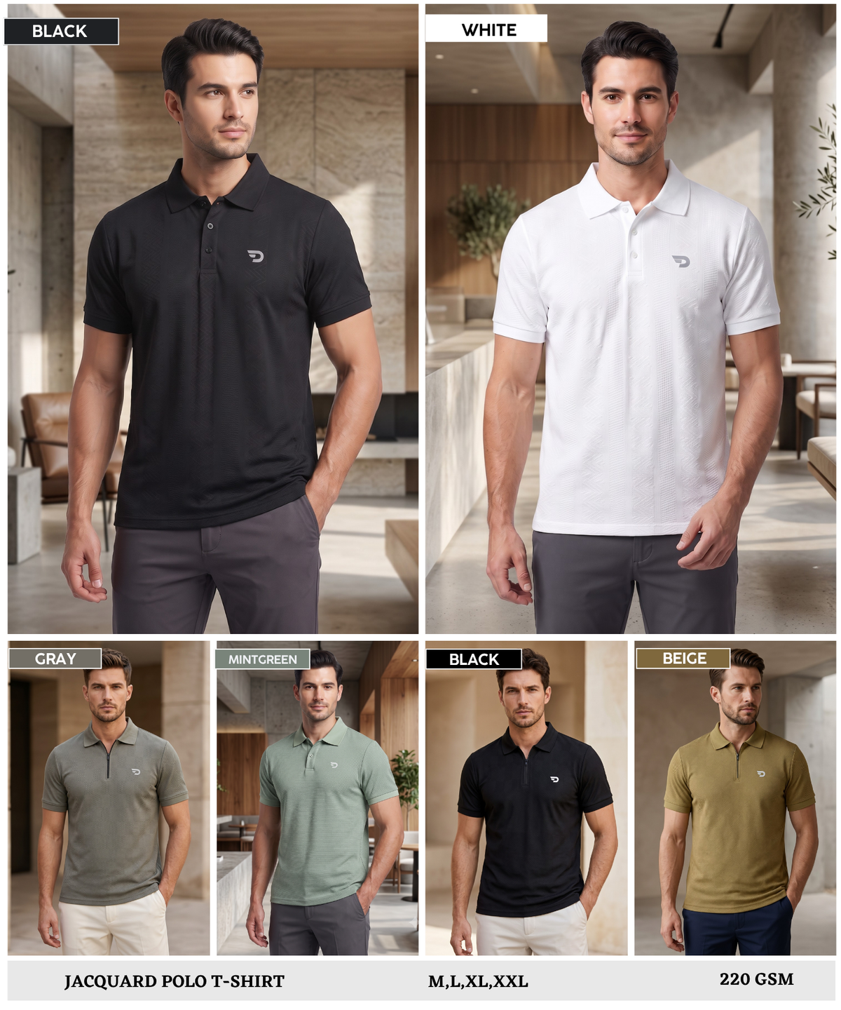 Denmonk Men's  Imported Jacquard Polo T-Shirt with Zipper & Button Closure | 200 GSM | Regular Fit