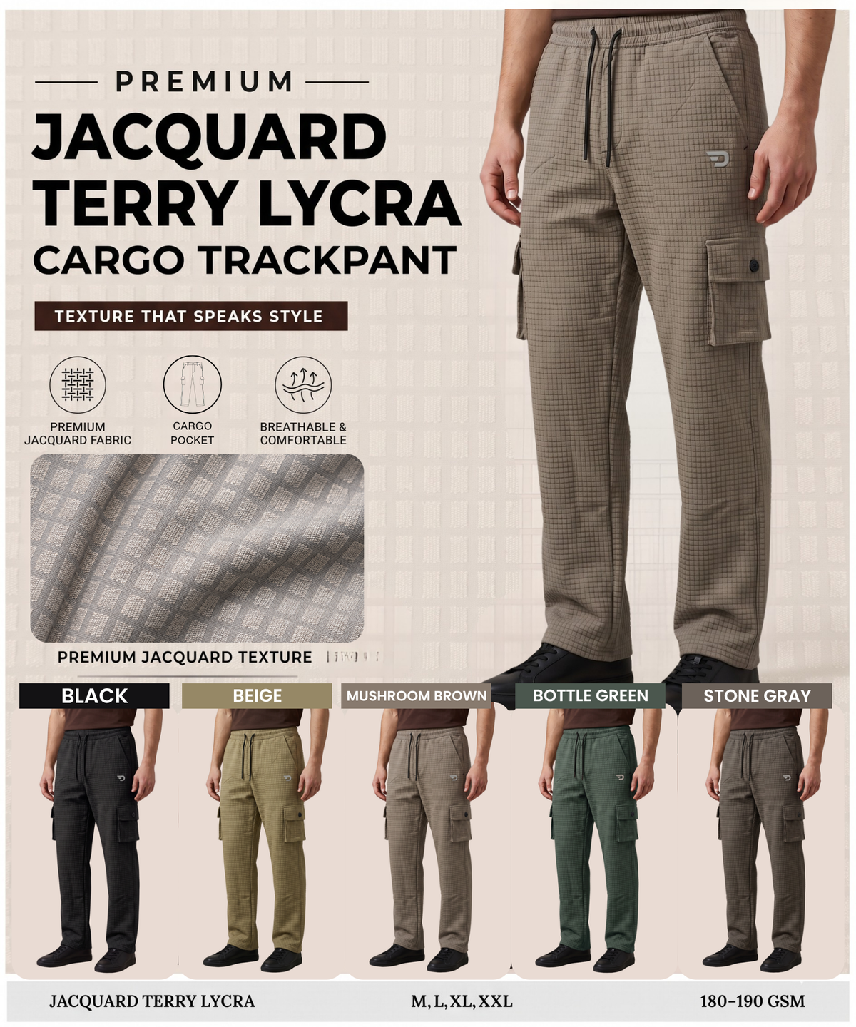 Men’s Imported Jacquard Terry Lycra Straight-Fit Cargo Trackpants – Premium Casual Wear Essential | DOD