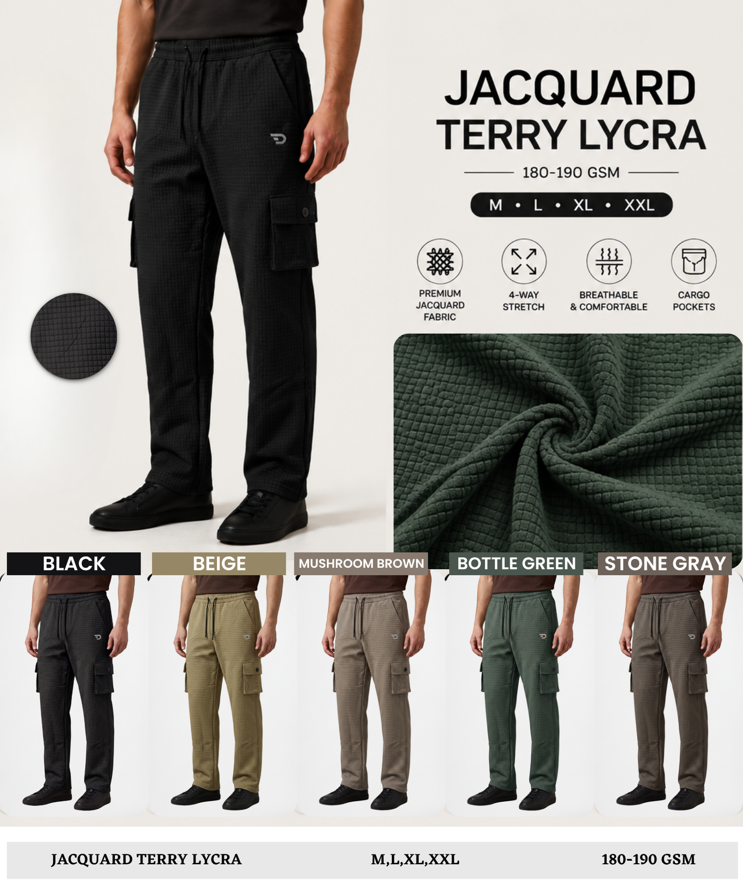 Men’s Imported Jacquard Terry Lycra Straight-Fit Cargo Trackpants – Premium Casual Wear Essential