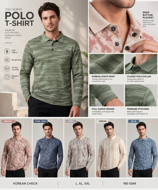 Denmonk Men's Imported Korean Check Printed Polo T-Shirt | Full Sleeves | 180 GSM | Regular Fit