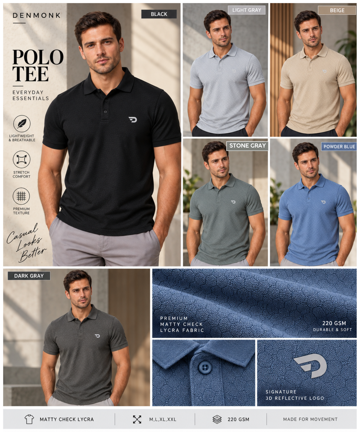 Denmonk Men's Honeycomb Jacquard Polo T-Shirt | Textured Knit | Regular Fit | 220 gsm