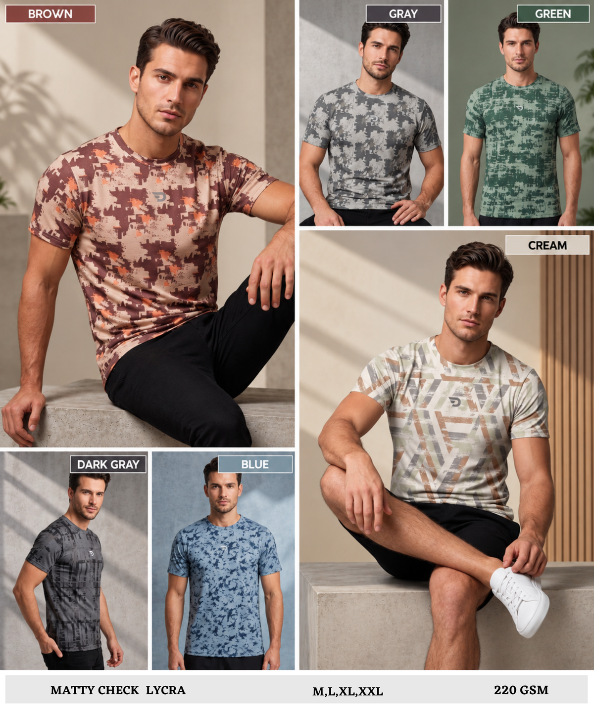 Men's Imported Matty Check Lycra Printed T-Shirt | 220 GSM  | Regular Fit | DOD