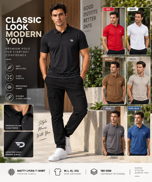 Premium imported Matty Lycra Polo T-shirt | GSM 200 | Regular Fit | DOD