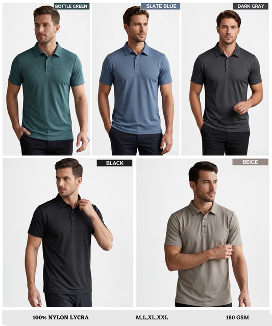 Premium Men's Polo T-Shirt – 100% Nylon Lycra | 170–180 GSM | Regular Fit | Self Collar| Snap Button Closure | DOD