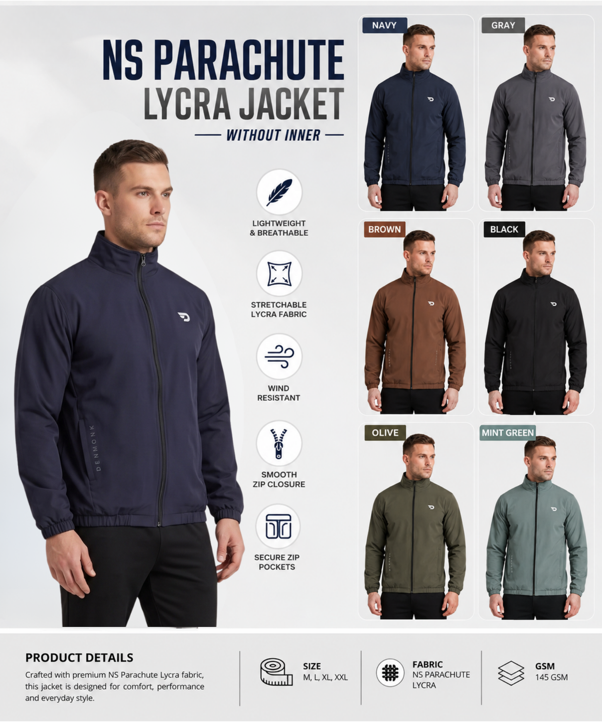 Men's Imported NS Parachute Lycra Jacket | 145 GSM | Regular Fit