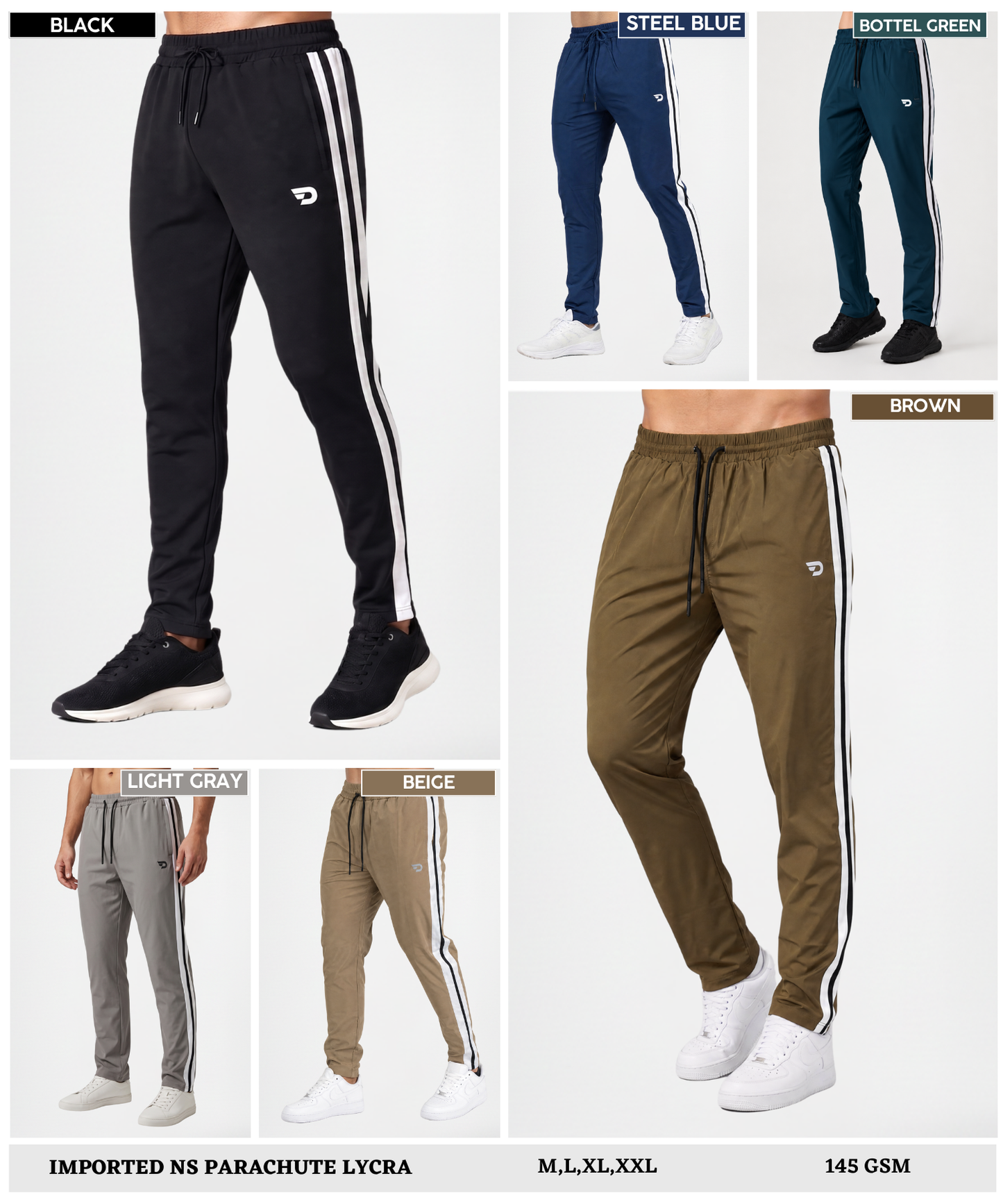 Men's Imported NS Parachute Lycra Track Pants | 20% Lycra 145 GSM | Contrast with Side Stripe | Slim Fit