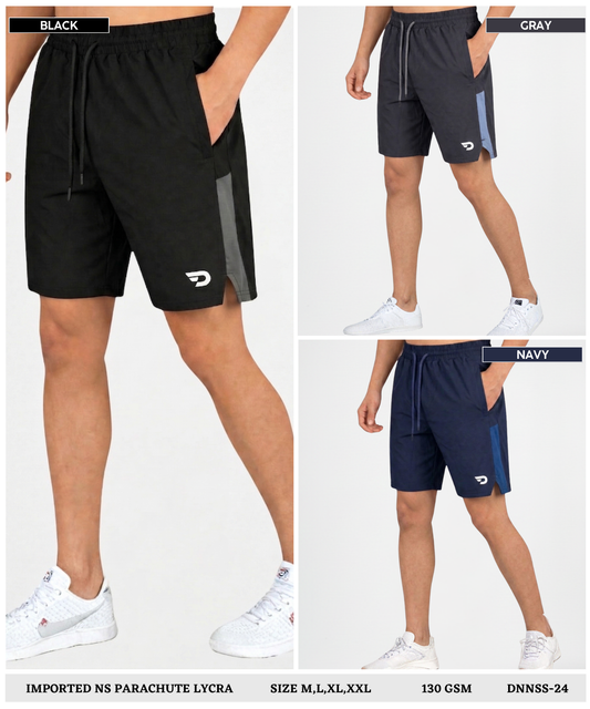 Imported NS Parachute Lycra Shorts for Men (15% Lycra,130 GSM) Side Slit Contrast Pannel In Knit Fabric
