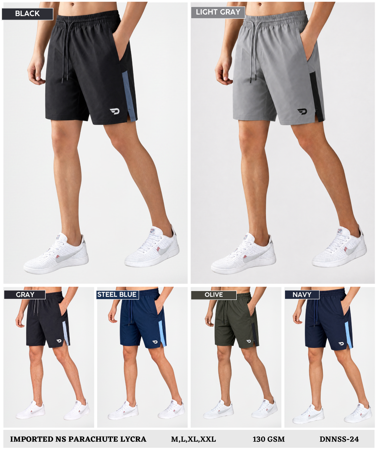 Imported NS Parachute Lycra Shorts for Men (15% Lycra,130 GSM) Side Slit Contrast Pannel In Knit Fabric