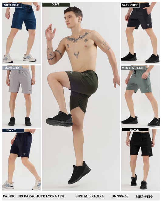 Men’s Solid Active Shorts - Imported Ns Parachute Lycra (15% Lycra 130 GSM)