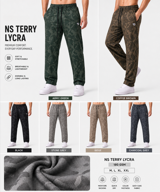 Imported Premium Camouflage Print NS Terry Lycra Track Pants for Men | 180 GSM | Comfort Fit