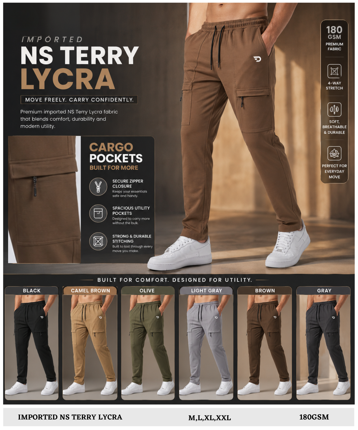Imported NS Terry Lycra Front Chain Cargo Track Pants | 180 GSM | Slim Fit | With Back Pocket