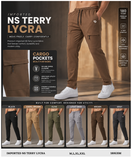 Imported NS Terry Lycra Front Chain Cargo Track Pants | 180 GSM | Slim Fit | With Back Pocket