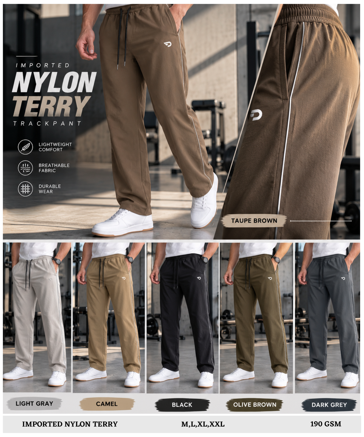 Premium Imported Nylon Terry Casual Track Pants With Piping Detail | 190 GSM | Straight Fit