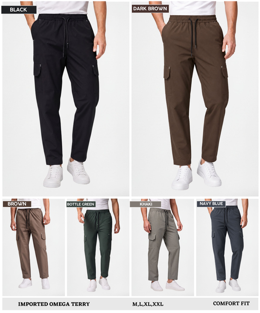 Imported Omega Terry Lycra Men's Cargo Track Pants | Comfort Fit | 180 GSM | Side Pocket Joggers