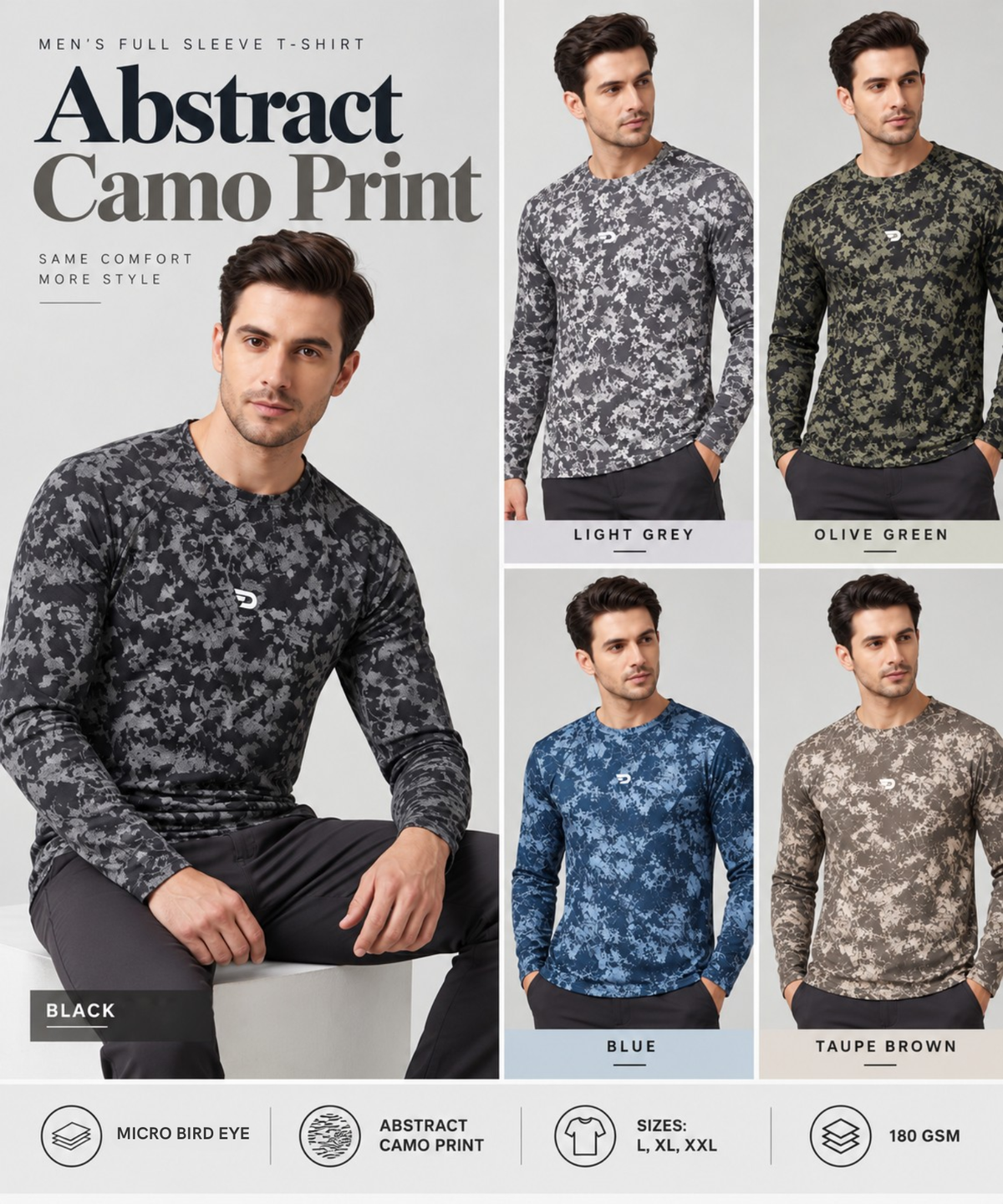 Men's Imported Micro Bird Eye Printed Full Sleeve T-Shirt | Abstract Camo Print | 180 GSM | Regular Fit