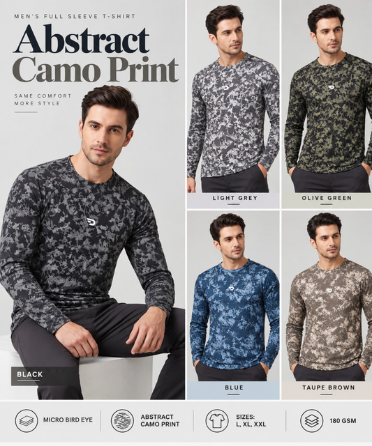 Men's Imported Micro Bird Eye Printed Full Sleeve T-Shirt | Abstract Camo Print | 180 GSM | Regular Fit
