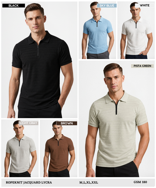 Imported Ropeknit Jacquard Lycra Polo Zipper T-Shirt (GSM 180) | Quarter Zip Collar | Regular Fit