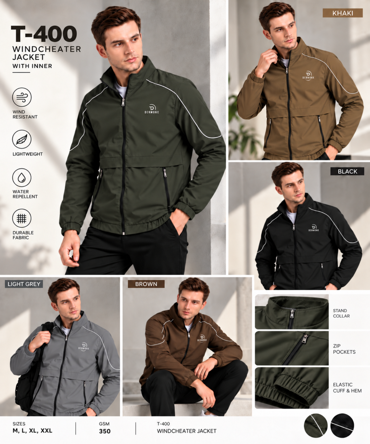Denmonk Men's Imported T-400 Windcheater Jacket with Inner Lining | 350 GSM | Regular Fit
