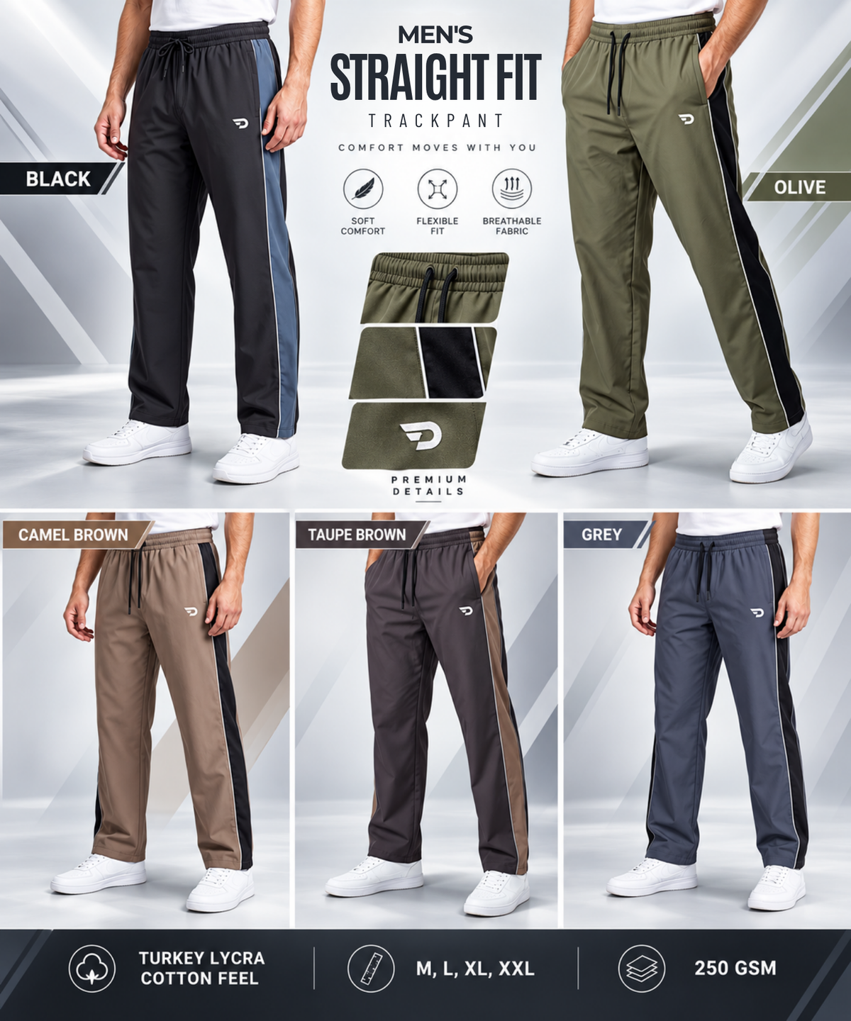 ActivePro Trackpant  – Imported Turkey Lycra Cotton Feel With Color Contrast Side Panels & Reflective Piping | 250 GSM | Straight Fit