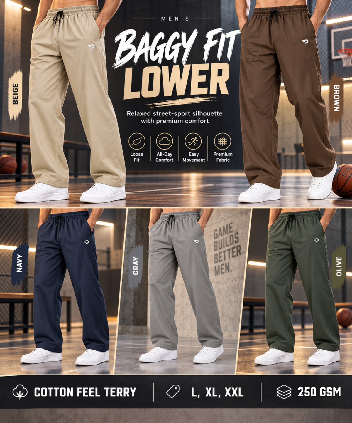 Men’s Imported Cotton Feel Terry Lycra Track Pants With Back Pockets | 250 GSM | Baggy Loose Fit