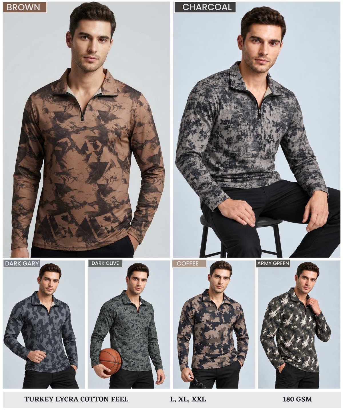 Denmonk Men's Imported Turkey Lycra Cotton Feel Printed Full Sleeve T-Shirt with Half-Zip Collar | 180 GSM | Regular Fit
