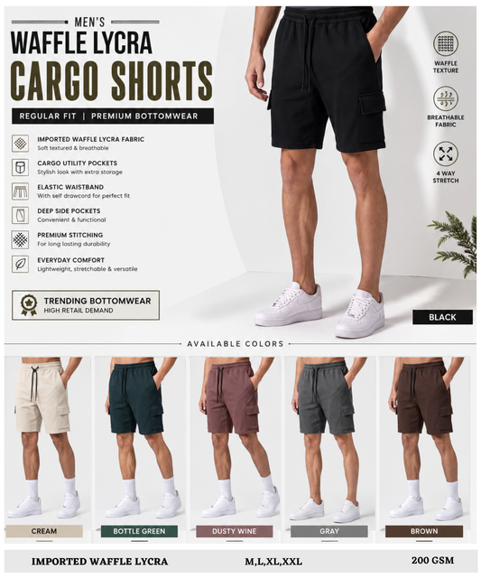 Men's Waffle Lycra Cargo Shorts | Regular Fit  |Trending Bottomwear