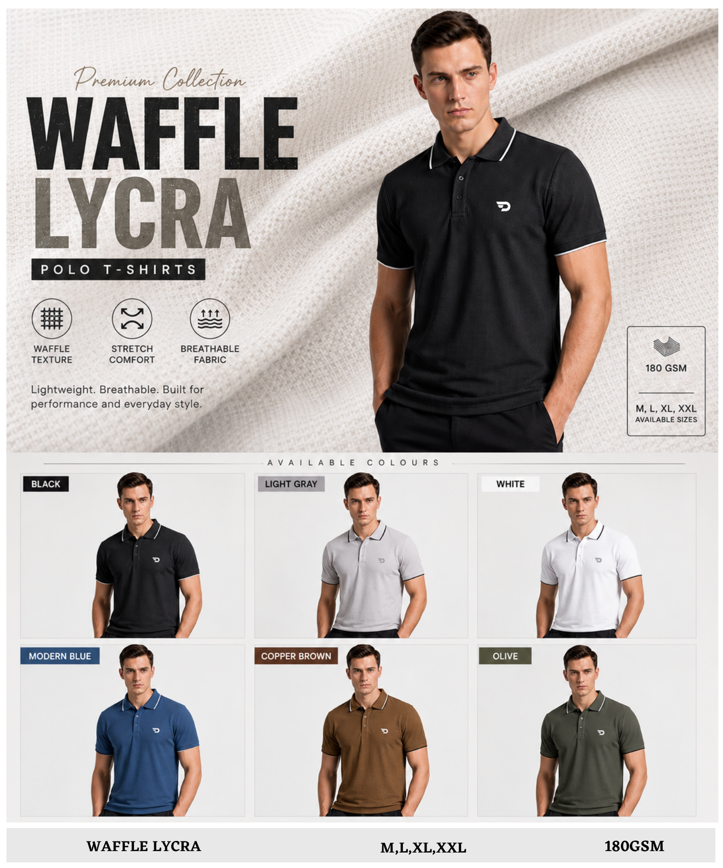Men’s Premium Waffle Texture Polo T-Shirt – Lycra Stretch | 180 GSM | Regular Fit