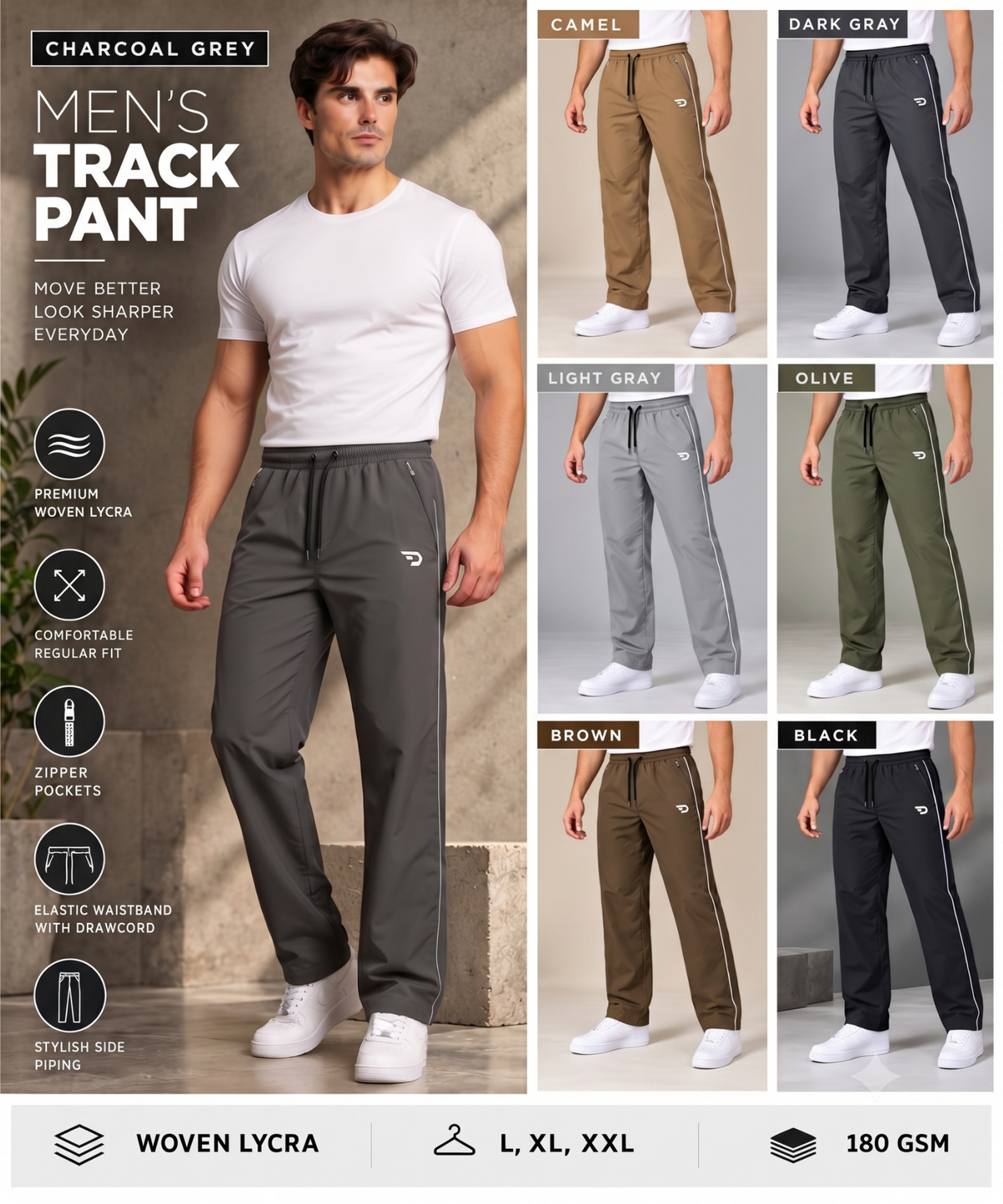 Denmonk Men’s Imported Woven Lycra Track Pants With Reflective Piping | 180 GSM | Straight Fit