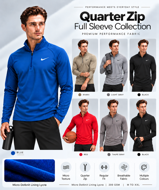 Premium Micro Dotknit Lining  Lycra T-shirts with Quater Zipper Full Sleeve| 200 GSM | Slim Fit