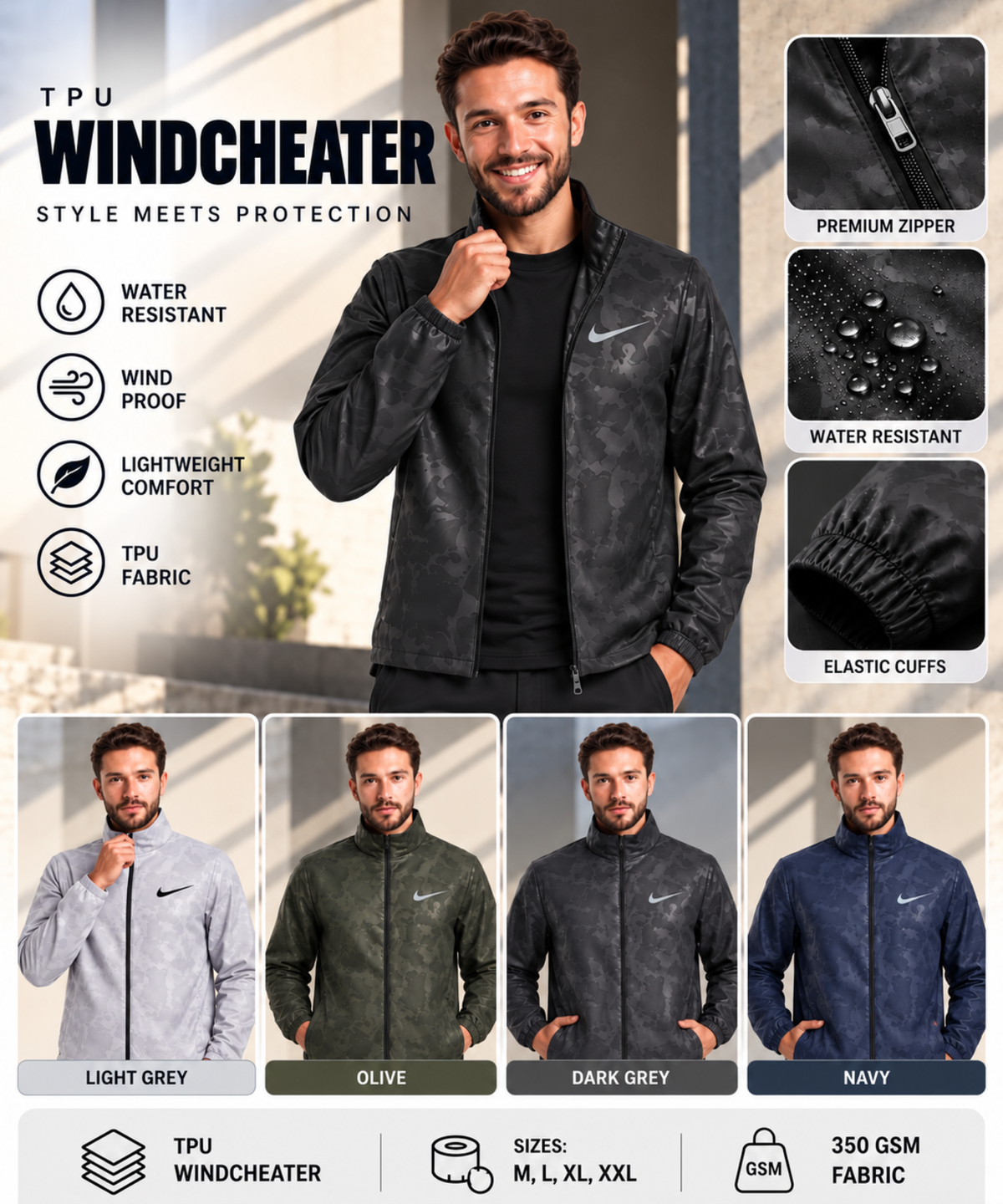Imported Premium Quality TPU Embossed Windcheater With Inner Lining | GSM 350 | Regular Fit