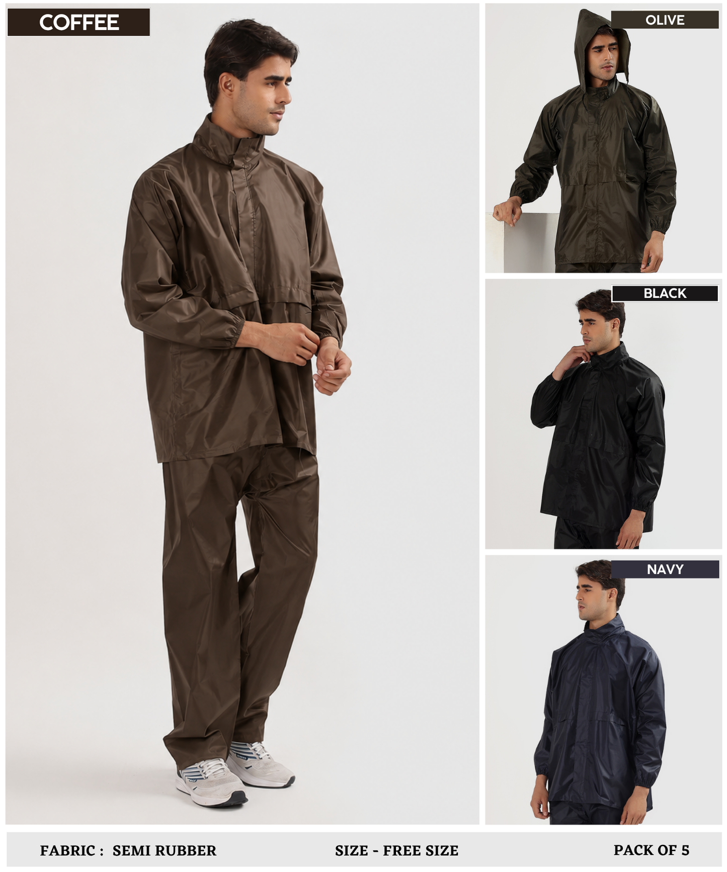 Men's Semi-Rubber Full Body Waterproof Rain Suit with Ribbed Cuffs | Free Size