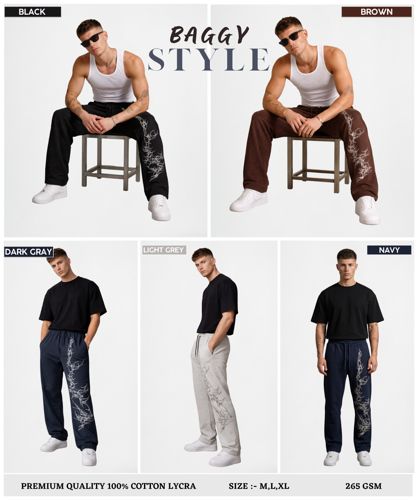 Men’s Premium Cotton Lycra Printed Track Pants (265 GSM) | Baggy Fit
