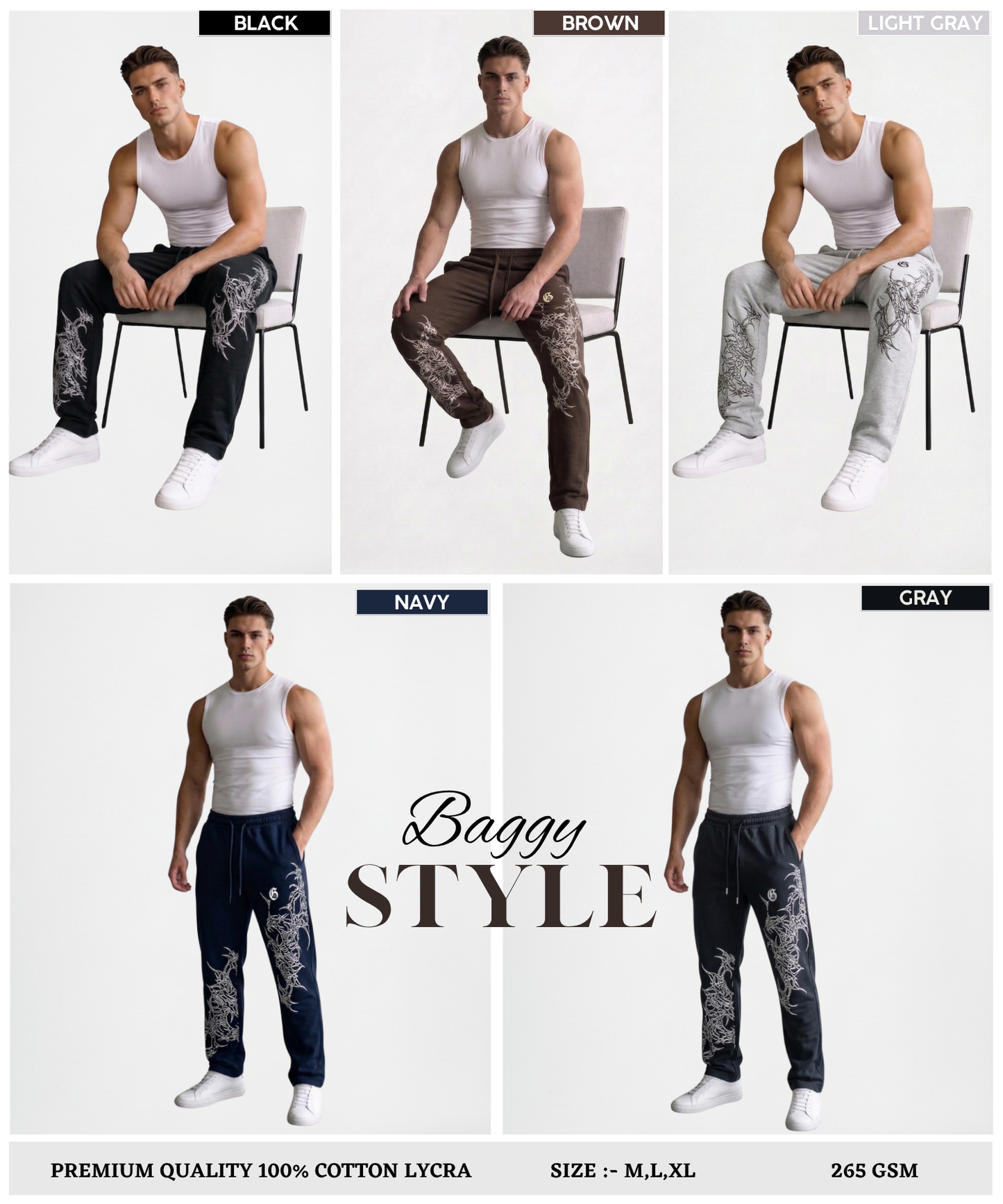 Men’s Premium Cotton Lycra Printed Track Pants (265 GSM) | Baggy Fit