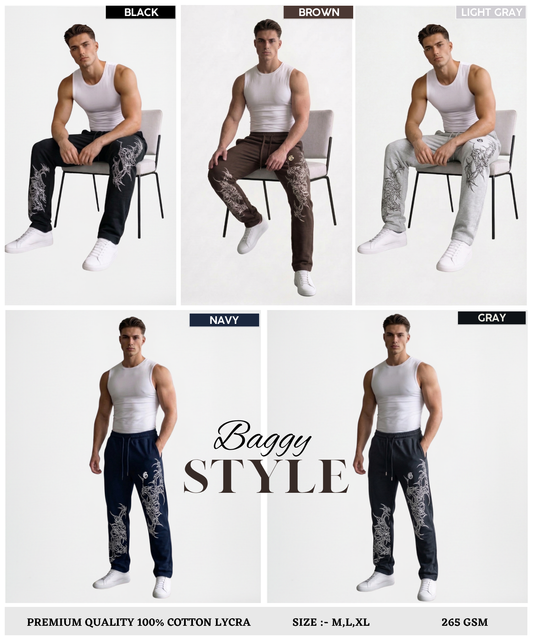 Men’s Premium Cotton Lycra Printed Track Pants (265 GSM) | Baggy Fit